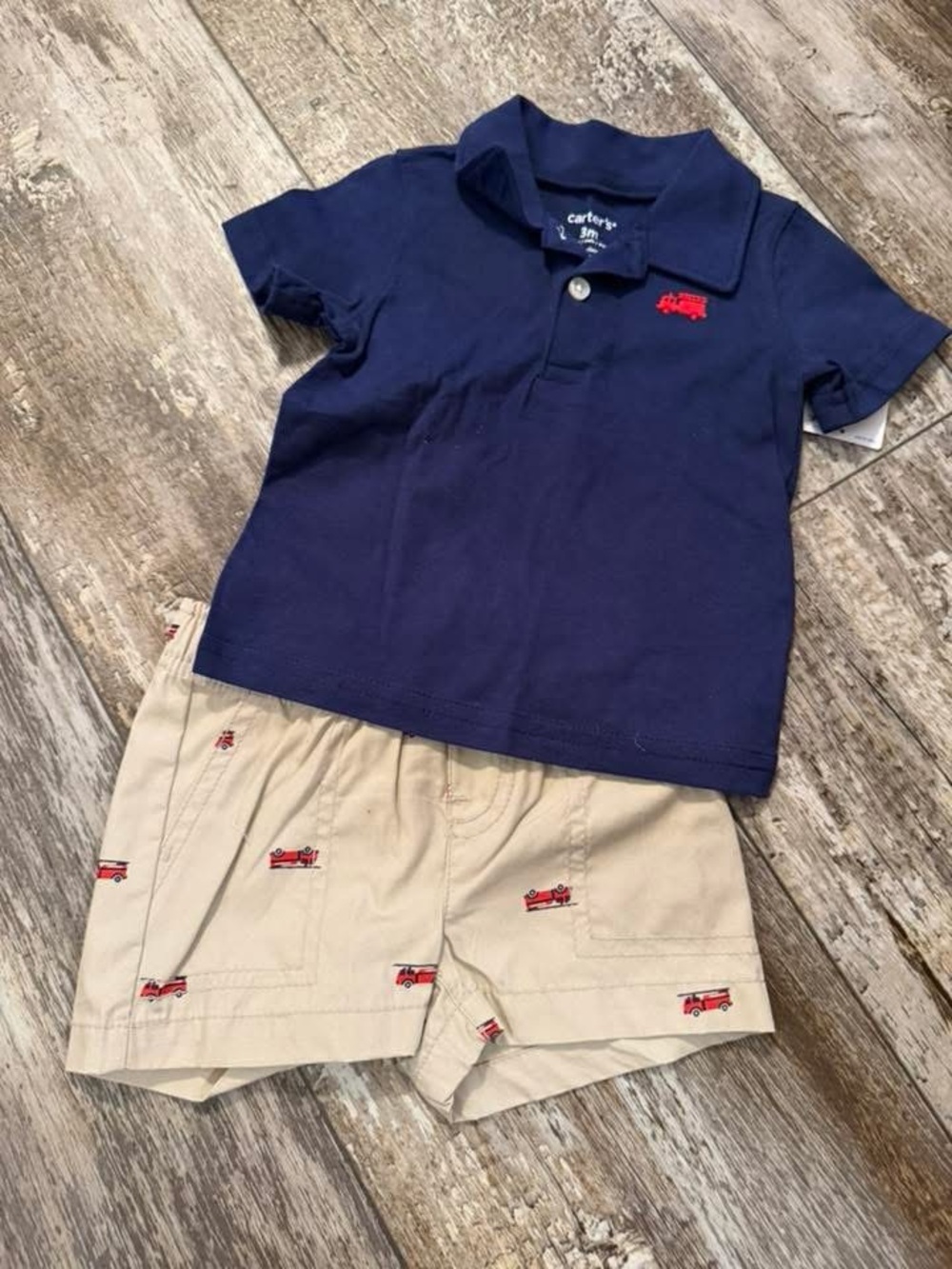 Carter's Navy Polo Shirt & Khaki Firetruck Shorts Set - Navy & Khaki